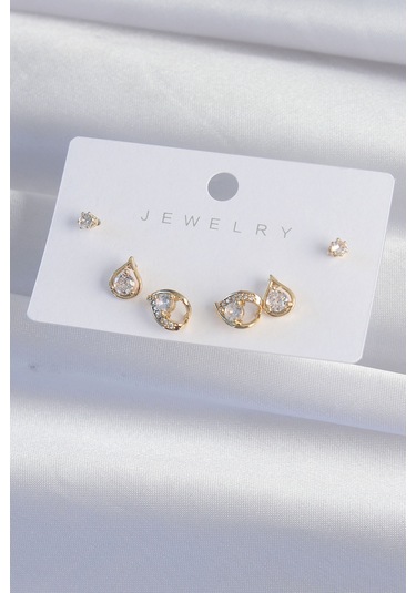 Pirinç Gold Renk Zirkon Taşlı Damla Model Küpe Seti - Ebj240820w26721 Diğer