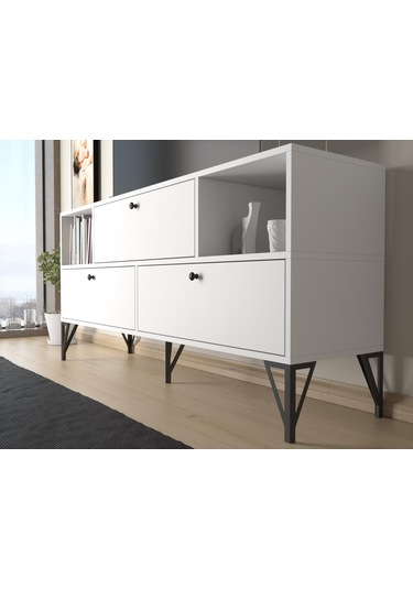 Wood'n Love Mia 160 Cm Metal Ayaklı Tv Ünitesi - Konsol - Beyaz / Siyah Kahverengi