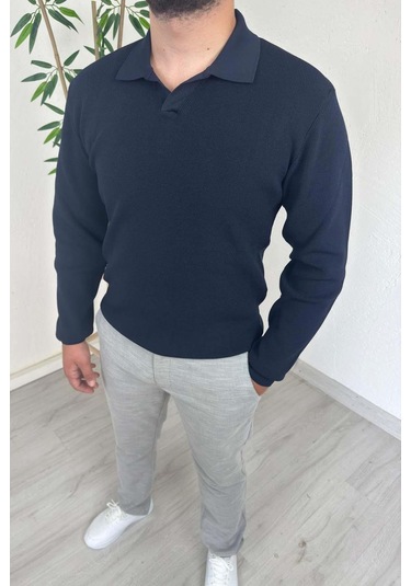 Explode - Erkek Lacivert Polo Yaka Regular Triko Kazak Lacivert