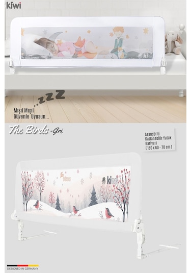 Kiwi Bed Guard Asansörlü, Gri Renk, Kuş Desenli, Çocuk Yatak Koruyucu 150x60-70 Cm
