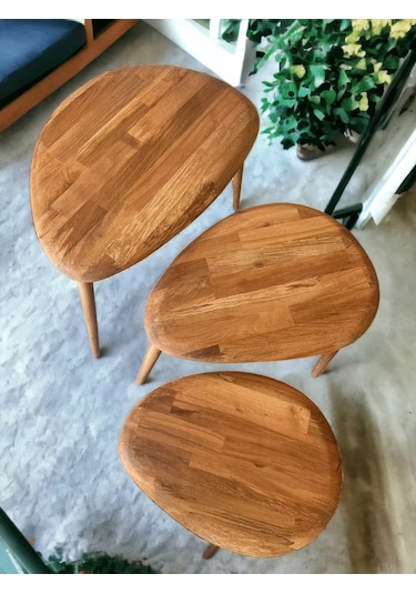 Fawdecor Masif Doğal Ahşap Modern Kestane 3'lü Zigon Sehpa Seti