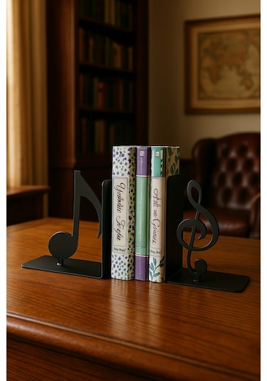 Nota Ve Sol Anahtarı Figürlü Metal Kitap Tutucu 2 Li Set Müzik Temalı Masa Üstü Dekor