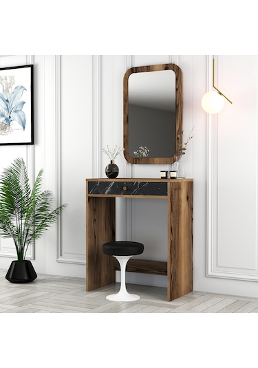 Lizbon Mini Makyaj Masası Aynalı - Ceviz / Siyah Mermer