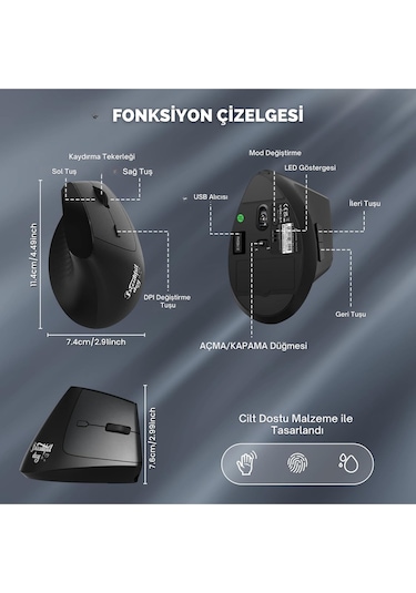 İ300 Kablosuz Ergonomik Dikey Mouse- 84gr-sessiz Tıklama- 57 Açı-16.000 Dpı Diğer