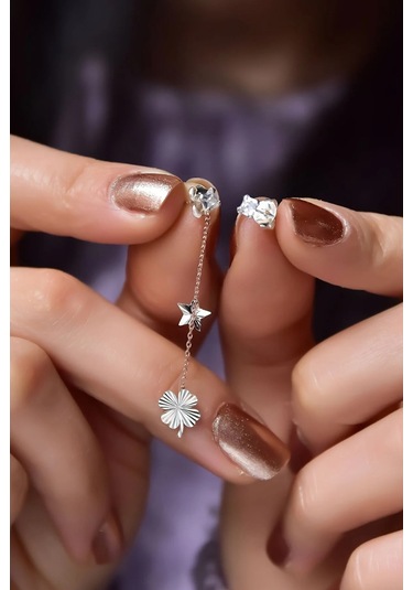 925 Ayar Gümüş Rose-rodyum Kaplama Kalemli Yonca , Yıldız Ve Tektaş Küpe