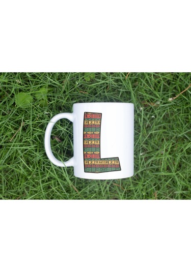 L Harfi Etnik Desenli Kupa - Afrika Tarzı Kahve Çay Kupası - Hediyelik - Black History Beyaz