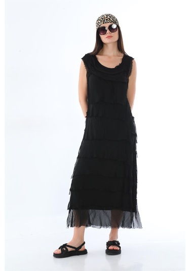 Italyan 2 Beden İnce Gösteren Kat Kat Kolsuz Ipek Elbise Siyah