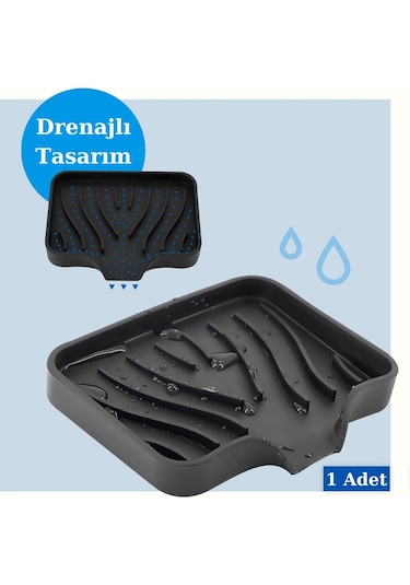 Silikon Mutfak, Banyo Su Giderli Vantuzlu Esnek Sabunluk Siyah Re