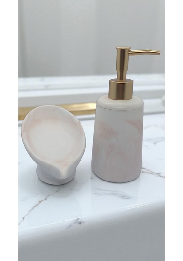 2 Li Taş Banyo Seti Beyaz - Kahverengi Mermer Desenli Aıvı Sabunluk Ve Giderli Katı Sabunluk 18 Cm Beyaz