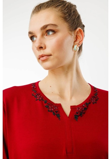 Desen Triko Kadın Açma Yaka Dantel Çiçek İşlemeli Penye Bluz 24753 Bordo Bordo