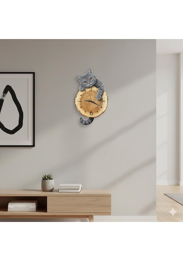 Cajuart Kütük Üzerinden Bakan Gri Kedi Tasarımlı Duvar Saati Modern Dekoratif Saat Kahverengi