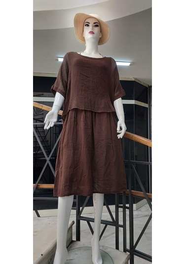 İtalyan Müslin Keteni Üstü File Bluzlu Astarlı Tek Parça Elbise Kahve Rengi Kahverengi