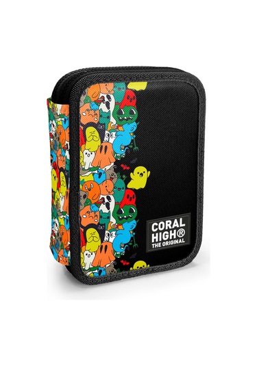 Coral High Kids Siyah Karikatür Desenli Çift Katlı Kalem Çanta 11150 Siyah