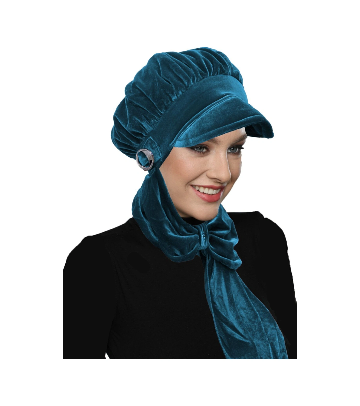 Kadife Şapka Atkılı Toka Detaylı Petrol Hazır Türban Tesettür Bone Petrol
