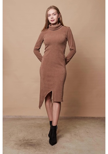 Kadın Likralı Triko Kumaş Tam Balıkçı Asimetrik Uzun Kol Diz Boy Elbise-camel Camel