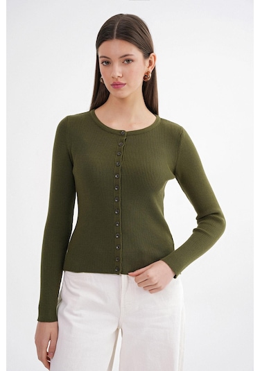 6931 Kadın Düğmeli Fitilli Triko Hırka Haki Haki