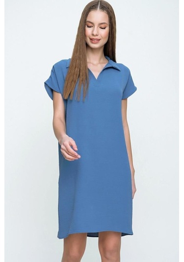Kadın Bol Kesim Polo Yaka Kısa Kollu Günlük Kısa Midi Elbise Dizüstü 2883200 Mavi