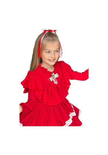 Riccotarz Kız Çocuk Göğsü Ve Yakası Fırfırlı Eteği Pliseli Dantel Şerit Detaylı Kırmızı Elbise Kırmızı