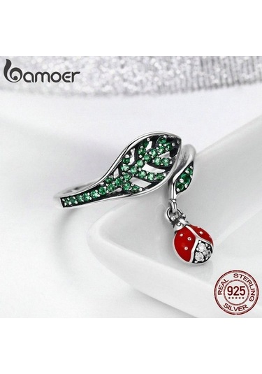 Bamoer 925 Ayar Gümüş Dinlenme Uğur Böceği Ağaç Yapraklarında Dangle Parmak Yüzük Gümüş