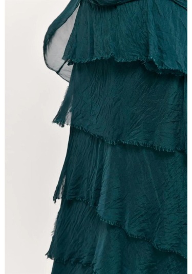 İtalyan 2 Beden İnce Gösteren Yarım Kol Kat Kat Ipek Elbise Zümrüt Yeşili