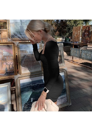 Sones Saf Renk İnce Zayıflatıcı Pileli Kalça Elbise Siyah