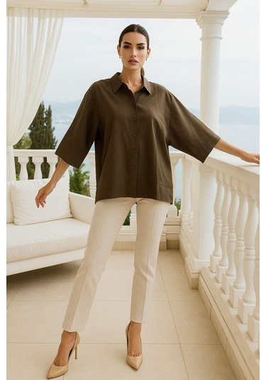 Kadın Kahverengi Oversize Gömlek - Trend Bol Kesim Yumuşak Dokulu Salaş Gömlek Çok Renkli