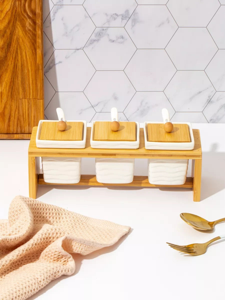 Muscari Home 3'lü Seramik Kapaklı Baharat Kavanozu Seti 240911208 Beyaz