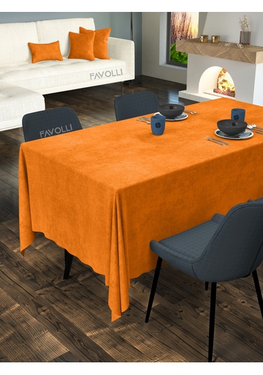 Kadife Dokulu Turuncu Renk Masa Örtüsü Turuncu