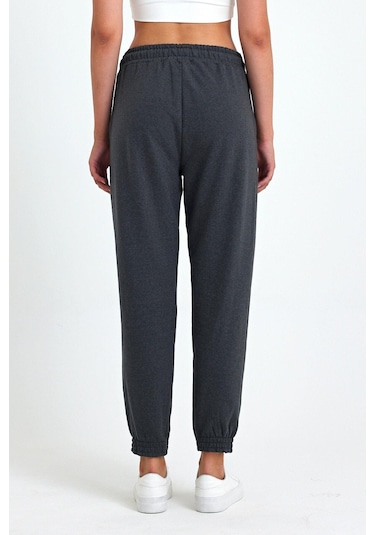 Kadın Antrasit Pamuklu Kalın Paçası Lastikli Yüksek Bel Rahat Jogger Eşofman Altı Antrasit