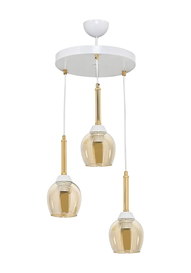 Üçlü Mandarin Sarkıt Avize Bal Rengi Camlı Gold Borulu Beyaz - Altın - Bal