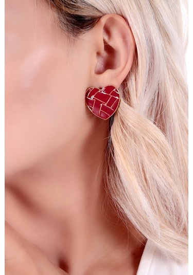 Bhs Life Kadın 925 Ayar Gümüş Kalp Kırmızı Desenli Seramik Küpe Gümüş