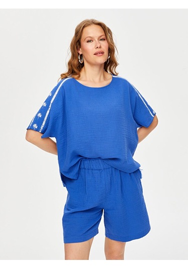 Resort Palmiye Baskı Detaylı Kısa Kol Müslin Bluz S25blz061 Us25blz06125 Sax