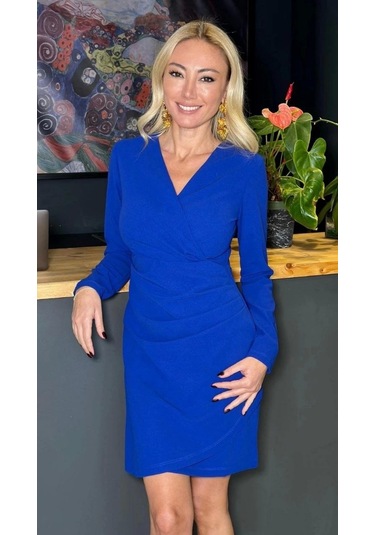 Kadın Uzun Kollu V Yaka Kruvaze Mini Elbise Saks