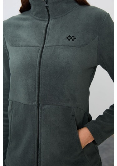 Tommy Life Haki Kalın Yumuşak Dokulu Dik Yaka Oversize Nakışlı Polar Kadın Eşofman Takım -95339 Haki