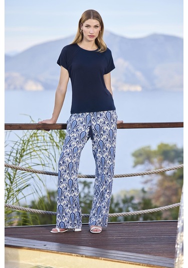 Monamise Kadın Etnik Desenli Kısa Kollu Bisiklet Yaka Büyük Beden Pijama Takımı 25111bat. Lacivert