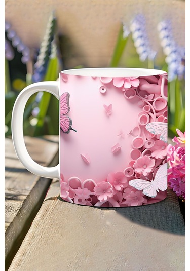 3d Görünümlü Pembe Çiçek Ve Kelebekler No:20 3d Tasarım Baskılı Kupa Bardak Mug Rose