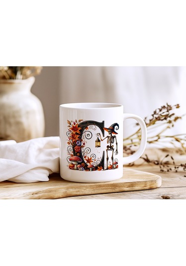 C Harfi Şapkalı İskelet Figürlü Ve Çiçekli Kupa Bardak - Cadılar Bayramı / Halloween Özel Hediye Beyaz