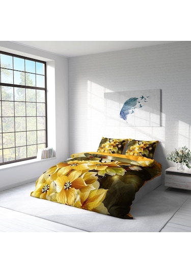 Monohome Yellow Flower 3D Pamuk Saten Çift Kişilik Nevresim Takım