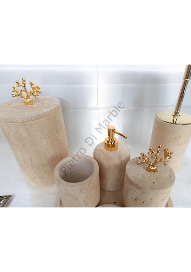 Sarı Traverten Klasik Model 7 Parça Gold Renk Mercan Aksesuarlı Banyo Seti Sarı Traverten