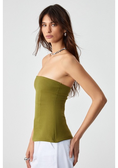 ORIANA Kadın Slim Fit Straplez Yeşil Bluz