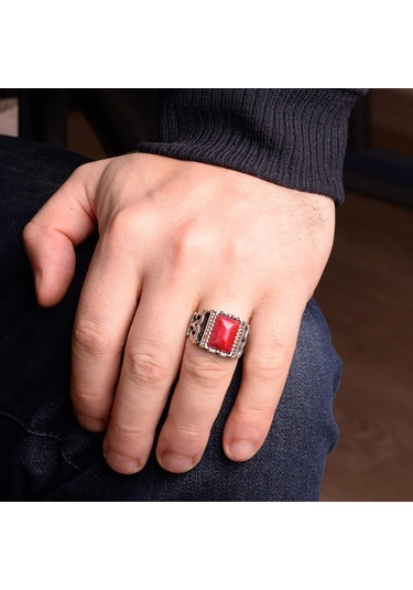 925 Ayar Gümüş Erkek Yüzük Doğal Yakut Taşı - Şık Kırmızı Taş Yüzük Gümüş