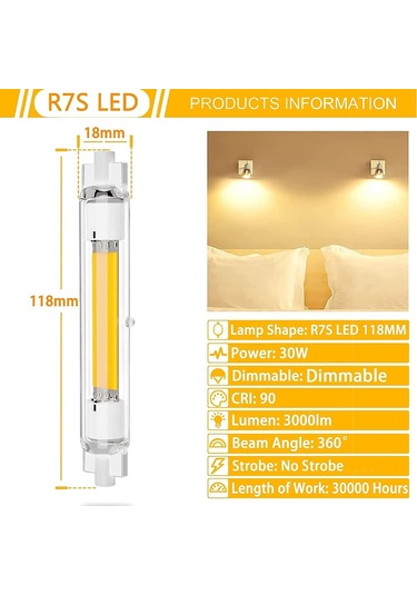 2 Adet R7s 118mm Led Ampul 30w Kısılabilir, Sıcak Beyaz 3000k, Titreşimsiz