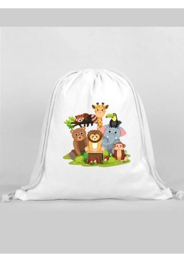Hayvanlar Baskılı Sırt Çantası - İp Büzgülü Spor Çanta Renkli