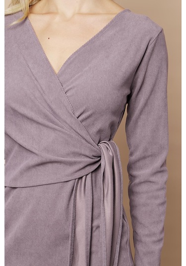 Kadın Kadife Kumaş Kruvaze Anvelop Bağcıklı Uzun Kol Diz Altı Elbise-gri Gri