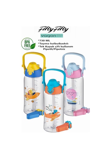 Uzspace 730ml Tritan Tek Kapak Çift Kullanım Pipetli/Pipetsiz Askı Aparatlı Tritan Çocuk Su Matarası