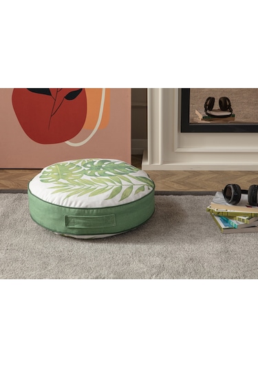 Yeşil Bitki Ve Palmiye Desenli Puf Yer Minderi, 60x60 Cm, Balkon