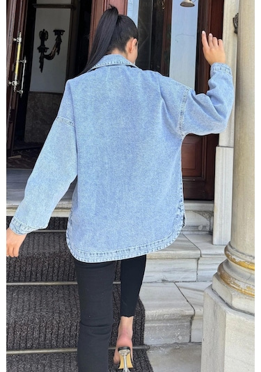 Mavi Oversize Kot Cepli Düğmeli Ceket Gömlek Açık Mavi