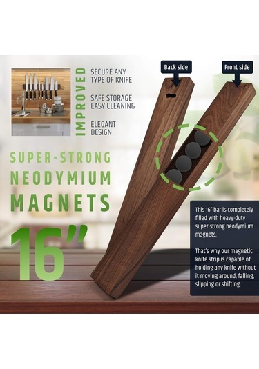 Pazly 16 İnç Ceviz Ahşap Manyetik Bıçak Tutucu, Güçlü Mıknatıs, Mutfak Dekorasyonu, Düzenleyici, Ahşap Şerit Kahverengi