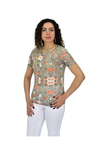 Kadın Kısa Kol Baskılı Bluz Bgl-st04688 Haki