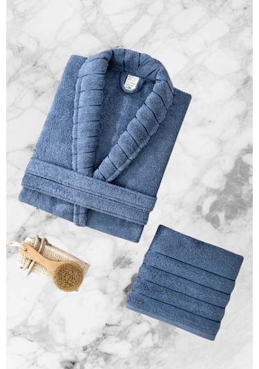 Aqualoom Lüx Erkek Bornoz Ve Havlu Seti %100 Pamuklu Mavi S-m Diğer